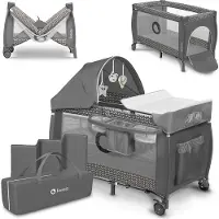 Lionelo Sven Plus 2in1 Meegroeibed & Campingbedje - 127x60 cm - Tot 15 kg - Co-Sleeper - Reisbed met Commode, Organizer, Klamboe en Interactief Speelgoed