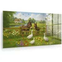 MuchoWow Glasschilderij 120x60 cm - Schilderij acrylglas - Ezels - Ganzen - Kleurrijk - Foto op glas - Muurdecoratie woonkamer - Wanddecoratie slaapkamer - Schilderijen
