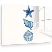 MuchoWow Glasschilderij 30x20 cm - Schilderij acrylglas - Zeester - Schelpen - Blauw - Foto op glas - Muurdecoratie woonkamer - Wanddecoratie slaapkamer - Schilderijen