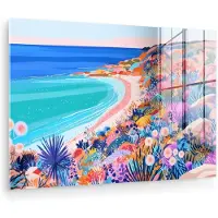 MuchoWow Glasschilderij 60x40 cm - Schilderij acrylglas - Bloemenweide - Zee - Zomers - Foto op glas - Muurdecoratie woonkamer - Wanddecoratie slaapkamer - Schilderijen