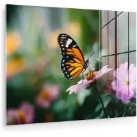 MuchoWow Glasschilderij 40x30 cm - Schilderij acrylglas - Roze bloemen - Vlinder - Zachte focus - Foto op glas - Muurdecoratie woonkamer - Wanddecoratie slaapkamer - Schilderijen