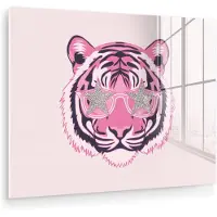 MuchoWow Glasschilderij 160x120 cm - Schilderij acrylglas - Tijger - Glitterzonnebril - Roze - Foto op glas - Muurdecoratie woonkamer - Wanddecoratie slaapkamer - Schilderijen