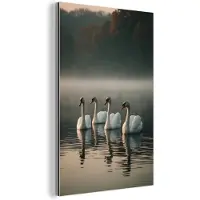 MuchoWow Aluminium schilderij 20x30 cm - Wanddecoratie metaal - Zwanen - Wit - Water - Mist - Metalen muurdecoratie woonkamer - Decoratie industrieel - Foto op dibond - Industriële accessoires slaapkamer