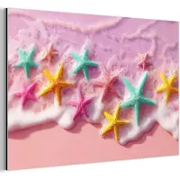 MuchoWow Aluminium schilderij 30x20 cm - Wanddecoratie metaal - Zeesterren - Strand - Golven - Metalen muurdecoratie woonkamer - Decoratie industrieel - Foto op dibond - Industriële accessoires slaapkamer