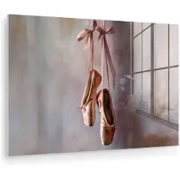 MuchoWow Glasschilderij 90x60 cm - Schilderij acrylglas - Balletschoenen - Satijn - Aardetinten - Foto op glas - Muurdecoratie woonkamer - Wanddecoratie slaapkamer - Schilderijen