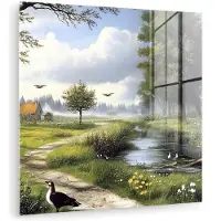 MuchoWow Glasschilderij 20x20 cm - Schilderij acrylglas - Zandpad - Groen landschap - Water - Foto op glas - Muurdecoratie woonkamer - Wanddecoratie slaapkamer - Schilderijen