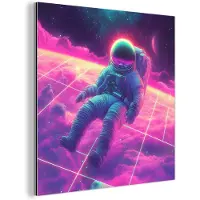 MuchoWow Aluminium schilderij 90x90 cm - Wanddecoratie metaal - Astronaut - Neon - Roze - Wolken - Metalen muurdecoratie woonkamer - Decoratie industrieel - Foto op dibond - Industriële accessoires slaapkamer