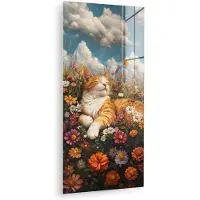 MuchoWow Glasschilderij 20x40 cm - Schilderij acrylglas - Kat - Bloemen - Ontspannen - Foto op glas - Muurdecoratie woonkamer - Wanddecoratie slaapkamer - Schilderijen