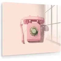 MuchoWow Glasschilderij 160x120 cm - Schilderij acrylglas - Draaischijftelefoon - Retro - Roze - Foto op glas - Muurdecoratie woonkamer - Wanddecoratie slaapkamer - Schilderijen