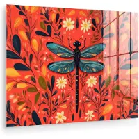 MuchoWow Glasschilderij 120x90 cm - Schilderij acrylglas - Libel - Blauw - Vleugels - Bladeren - Foto op glas - Muurdecoratie woonkamer - Wanddecoratie slaapkamer - Schilderijen