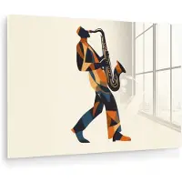 MuchoWow Glasschilderij 30x20 cm - Schilderij acrylglas - Saxofoon - Abstract - Persoon - Blauw - Foto op glas - Muurdecoratie woonkamer - Wanddecoratie slaapkamer - Schilderijen
