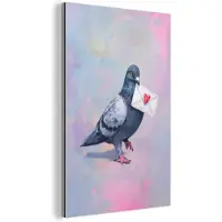 MuchoWow Aluminium schilderij 80x120 cm - Wanddecoratie metaal - Duif - Envelop - Paars - Metalen muurdecoratie woonkamer - Decoratie industrieel - Foto op dibond - Industriële accessoires slaapkamer