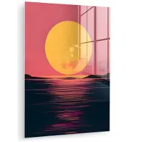 MuchoWow Glasschilderij 30x40 cm - Schilderij acrylglas - Zon - Geel - Bergen - Water - Foto op glas - Muurdecoratie woonkamer - Wanddecoratie slaapkamer - Schilderijen