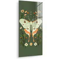 MuchoWow Glasschilderij 60x120 cm - Schilderij acrylglas - Bloemen - Bladeren - Olijfgroen - Vlinder - Foto op glas - Muurdecoratie woonkamer - Wanddecoratie slaapkamer - Schilderijen