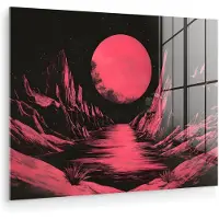 MuchoWow Glasschilderij 40x30 cm - Schilderij acrylglas - Maan - Felroze - Bergen - Rivier - Foto op glas - Muurdecoratie woonkamer - Wanddecoratie slaapkamer - Schilderijen