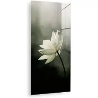 MuchoWow Glasschilderij 60x120 cm - Schilderij acrylglas - Wit - Lotus - Donker - Bloem - Foto op glas - Muurdecoratie woonkamer - Wanddecoratie slaapkamer - Schilderijen