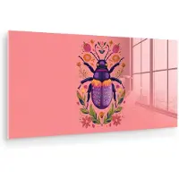 MuchoWow Glasschilderij 80x40 cm - Schilderij acrylglas - Paars - Kever - Stipjes - Bloemen - Foto op glas - Muurdecoratie woonkamer - Wanddecoratie slaapkamer - Schilderijen