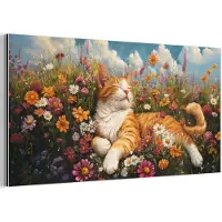 MuchoWow Aluminium schilderij 80x40 cm - Wanddecoratie metaal - Kat - Bloemen - Ontspannen - Metalen muurdecoratie woonkamer - Decoratie industrieel - Foto op dibond - Industriële accessoires slaapkamer