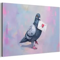 MuchoWow Aluminium schilderij 120x80 cm - Wanddecoratie metaal - Duif - Envelop - Paars - Metalen muurdecoratie woonkamer - Decoratie industrieel - Foto op dibond - Industriële accessoires slaapkamer