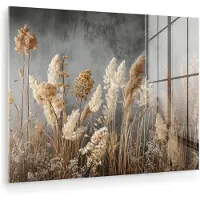 MuchoWow Glasschilderij 160x120 cm - Schilderij acrylglas - Gedroogde Veldbloemen - Grijs - Beton - Foto op glas - Muurdecoratie woonkamer - Wanddecoratie slaapkamer - Schilderijen