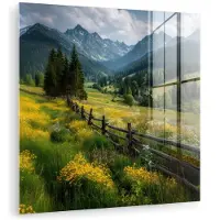MuchoWow Glasschilderij 20x20 cm - Schilderij acrylglas - Veld - Hek - Bergen - Bloemen - Foto op glas - Muurdecoratie woonkamer - Wanddecoratie slaapkamer - Schilderijen