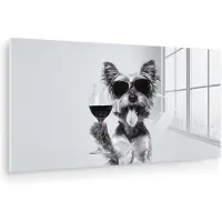 MuchoWow Glasschilderij 80x40 cm - Schilderij acrylglas - Hondje - Wijnglas - Zonnebril - Enthousiast - Foto op glas - Muurdecoratie woonkamer - Wanddecoratie slaapkamer - Schilderijen