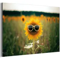 MuchoWow Aluminium schilderij 120x80 cm - Wanddecoratie metaal - Zonnebloem - Veld - Zonnebril - Metalen muurdecoratie woonkamer - Decoratie industrieel - Foto op dibond - Industriële accessoires slaapkamer