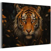 MuchoWow Aluminium schilderij 180x120 cm - Wanddecoratie metaal - Bladeren - Tijger - Oranje - Metalen muurdecoratie woonkamer - Decoratie industrieel - Foto op dibond - Industriële accessoires slaapkamer