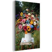 MuchoWow Aluminium schilderij 20x30 cm - Wanddecoratie metaal - Bloemen - Krukje - Gieter - Veld - Metalen muurdecoratie woonkamer - Decoratie industrieel - Foto op dibond - Industriële accessoires slaapkamer