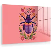MuchoWow Glasschilderij 150x100 cm - Schilderij acrylglas - Paars - Kever - Stipjes - Bloemen - Foto op glas - Muurdecoratie woonkamer - Wanddecoratie slaapkamer - Schilderijen