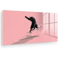 MuchoWow Glasschilderij 120x60 cm - Schilderij acrylglas - Kat - Skateboard - Roze - Foto op glas - Muurdecoratie woonkamer - Wanddecoratie slaapkamer - Schilderijen