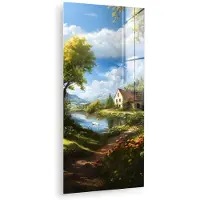 MuchoWow Glasschilderij 80x160 cm - Schilderij acrylglas - Zwaan - Bomen - Rust - Foto op glas - Muurdecoratie woonkamer - Wanddecoratie slaapkamer - Schilderijen