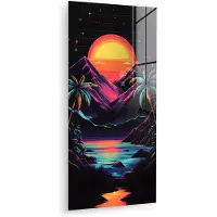 MuchoWow Glasschilderij 60x120 cm - Schilderij acrylglas - Palmbomen - Neonbergen - Sterrenhemel - Zon - Foto op glas - Muurdecoratie woonkamer - Wanddecoratie slaapkamer - Schilderijen
