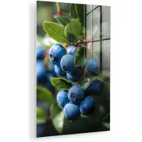 MuchoWow Glasschilderij 100x150 cm - Schilderij acrylglas - Blauwe bessen - Dauwdruppels - Natuurlijk licht - Foto op glas - Muurdecoratie woonkamer - Wanddecoratie slaapkamer - Schilderijen