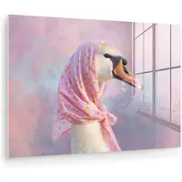 MuchoWow Glasschilderij 30x20 cm - Schilderij acrylglas - Zwaan - Sjaaltje - Pastelwolken - Foto op glas - Muurdecoratie woonkamer - Wanddecoratie slaapkamer - Schilderijen