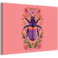 MuchoWow Aluminium schilderij 30x20 cm - Wanddecoratie metaal - Paars - Kever - Stipjes - Bloemen - Metalen muurdecoratie woonkamer - Decoratie industrieel - Foto op dibond - Industriële accessoires slaapkamer