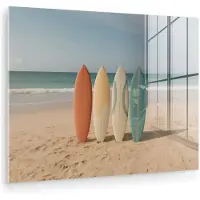 MuchoWow Glasschilderij 160x120 cm - Schilderij acrylglas - Strand - Surfbord - Pastel - Foto op glas - Muurdecoratie woonkamer - Wanddecoratie slaapkamer - Schilderijen
