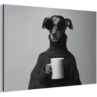 MuchoWow Aluminium schilderij 120x80 cm - Wanddecoratie metaal - Coltrui - Hond - Bril - Mok - Metalen muurdecoratie woonkamer - Decoratie industrieel - Foto op dibond - Industriële accessoires slaapkamer