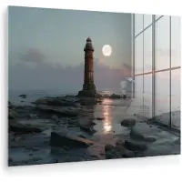 MuchoWow Glasschilderij 160x120 cm - Schilderij acrylglas - Vuurtoren - Stenen - Water - Maan - Foto op glas - Muurdecoratie woonkamer - Wanddecoratie slaapkamer - Schilderijen