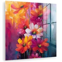 MuchoWow Glasschilderij 50x50 cm - Schilderij acrylglas - Felle bloemen - Dynamisch - Levendig - Foto op glas - Muurdecoratie woonkamer - Wanddecoratie slaapkamer - Schilderijen