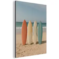 MuchoWow Aluminium schilderij 30x40 cm - Wanddecoratie metaal - Strand - Surfbord - Pastel - Metalen muurdecoratie woonkamer - Decoratie industrieel - Foto op dibond - Industriële accessoires slaapkamer