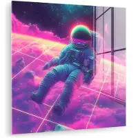 MuchoWow Glasschilderij 20x20 cm - Schilderij acrylglas - Astronaut - Neon - Roze - Wolken - Foto op glas - Muurdecoratie woonkamer - Wanddecoratie slaapkamer - Schilderijen