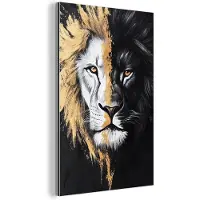 MuchoWow Aluminium schilderij 60x90 cm - Wanddecoratie metaal - Leeuw - Gesplitst - Zwart - Lijn - Metalen muurdecoratie woonkamer - Decoratie industrieel - Foto op dibond - Industriële accessoires slaapkamer