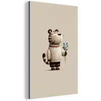 MuchoWow Aluminium schilderij 20x30 cm - Wanddecoratie metaal - Tijger - Blauwe bloemen - Rustig - Metalen muurdecoratie woonkamer - Decoratie industrieel - Foto op dibond - Industriële accessoires slaapkamer