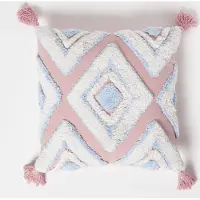 Homescapes Blauw Roze Getuft Kussen 45 x 45 cm - Boho Kussen met Kwastjes, Geometrisch