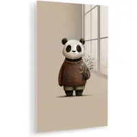 MuchoWow Glasschilderij 80x120 cm - Schilderij acrylglas - Panda - Blauwe bloemen - Zachtheid - Foto op glas - Muurdecoratie woonkamer - Wanddecoratie slaapkamer - Schilderijen
