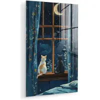 MuchoWow Glasschilderij 80x120 cm - Schilderij acrylglas - Kat - Sterrenhemel - Blauw - Foto op glas - Muurdecoratie woonkamer - Wanddecoratie slaapkamer - Schilderijen