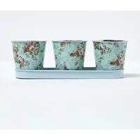 Homescapes bloempottenset blauw met rozenprint - 3 plantenpotten 0,5l met bakje