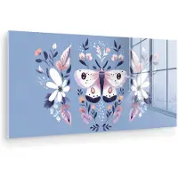MuchoWow Glasschilderij 80x40 cm - Schilderij acrylglas - Vlinder - Vleugels - Stippen - Bloemen - Foto op glas - Muurdecoratie woonkamer - Wanddecoratie slaapkamer - Schilderijen