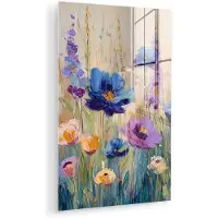 MuchoWow Glasschilderij 120x180 cm - Schilderij acrylglas - Zomers - Wilde bloemen - Penseelstreken - Foto op glas - Muurdecoratie woonkamer - Wanddecoratie slaapkamer - Schilderijen